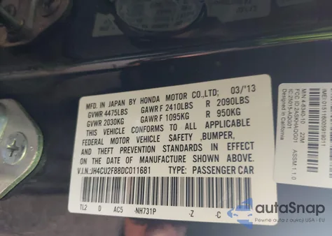 2013 Acura Tsx 2.4 z USA, uszkodzony, nr VIN JH4CU2F88DC011681